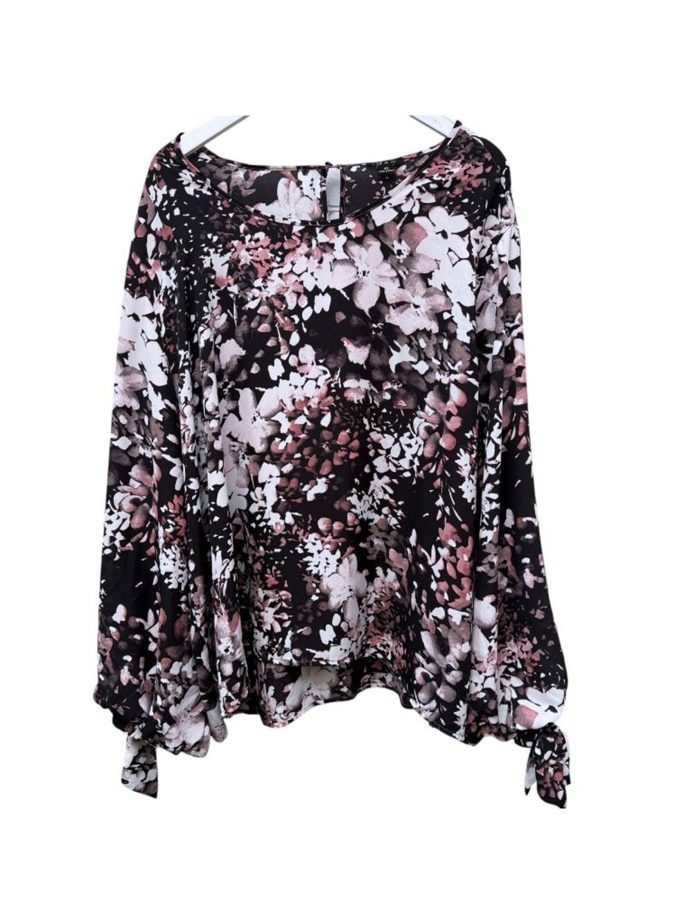 IMAN Floral Blouse Plus Size 3X Long Tie Sleeve Black Pink Womens Modern Top